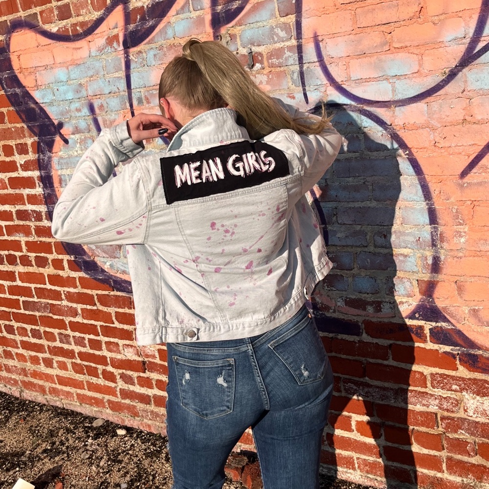 Custom Upcycled Jean Jacket. Forever 21 Medium. Mean Girls. Pink Paint Splatter.